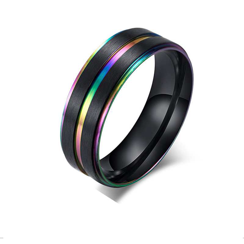 Black Stainless Steel Basic Ring for Men With Rainbow Line Classic Male Wedding Band Multi Color Jewelry Fraternal Rings