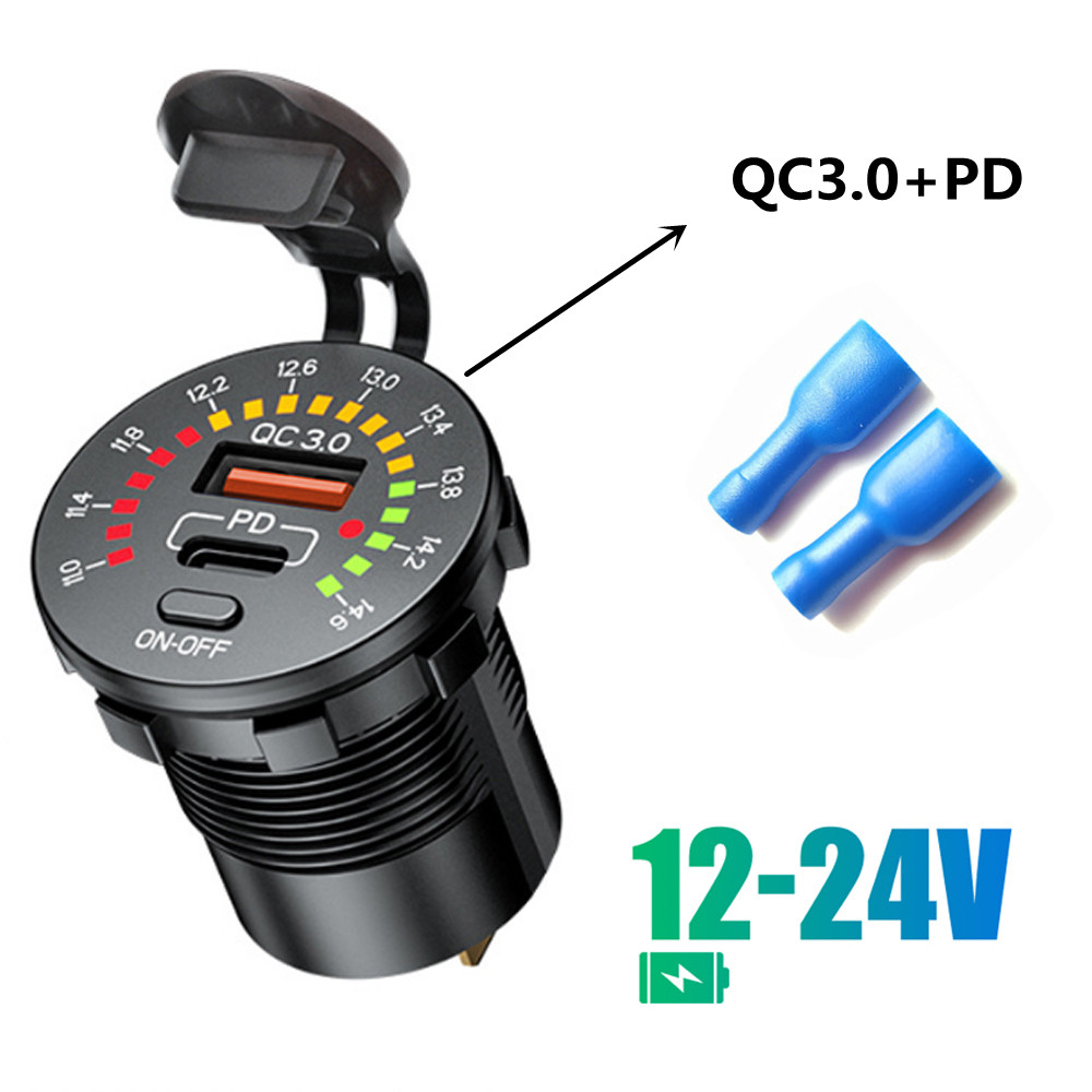 Cargador de coche USB Dual QC 3,0, 36W, 12V, 24V, salida PD impermeable, carga rápida con voltímetro LED, interruptor de encendido y apagado, accesorios para coche: Negro