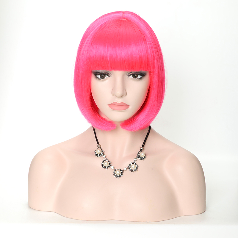 Lanyi kort lichtrood steil bobkapsel met pony synthetisch haar voor vrouwen 12 cm hittebestendige vezels dagelijkse natuurlijke pruiken: Felroze