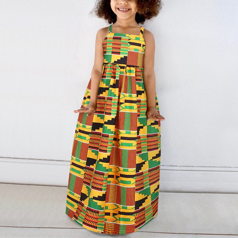 Girls African Clothes Children Bazin Riche Maxi Dress Dashiki Print African Dresses for Women Ankara Kids Dress Adjustable