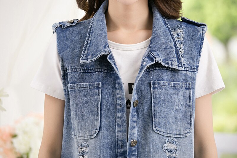 5xl plus size løs denimvest til kvinder vintage hullomme lang ærmeløs jeansjakke kvindefrakke sommer afslappet vest