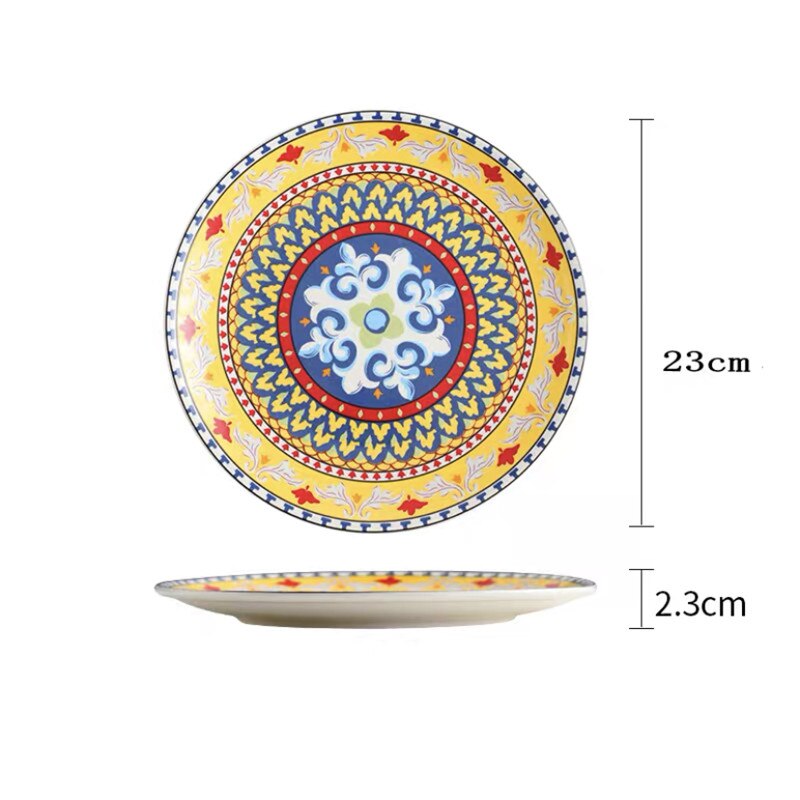 European Style Ceramic Bohemian Dinner Plate Hand Painted Dessert Fruit Plates Household Shallow Steak Dish Tableware: 9 inch F