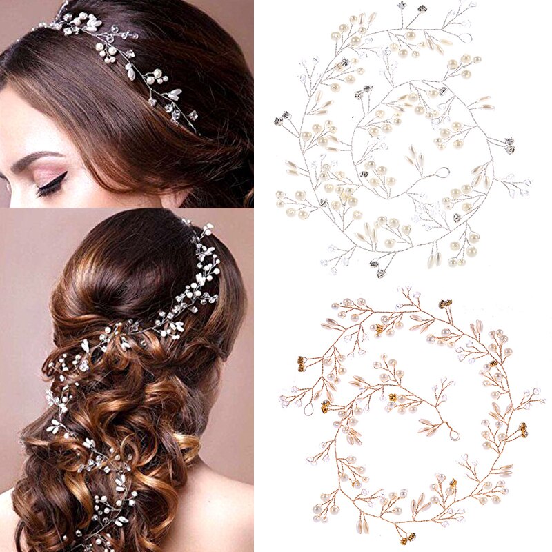 Wedding Crystal Pearl Headband Bridal Vine Hair Accessories Crown Headpiece Women Hair Belt Ornaments Handmade Headdress Jewelry