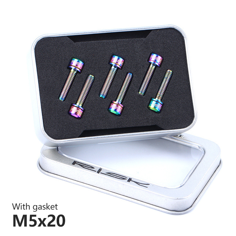 RISK-Tornillos para eje para ciclismo, accesorios de titanio/M5x20mm con arandela, para eje de dirección de bicicleta de montaña, ultraligeros, 6 uds.: M5x20 Rainbow Washer