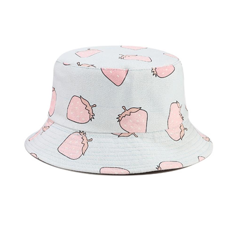 Summer Foldable Bucket Hat Cute Fruit pattern Hip Hop Wide Brim Beach UV Protection Round Top Sunscreen Fisherman Cap: Pink