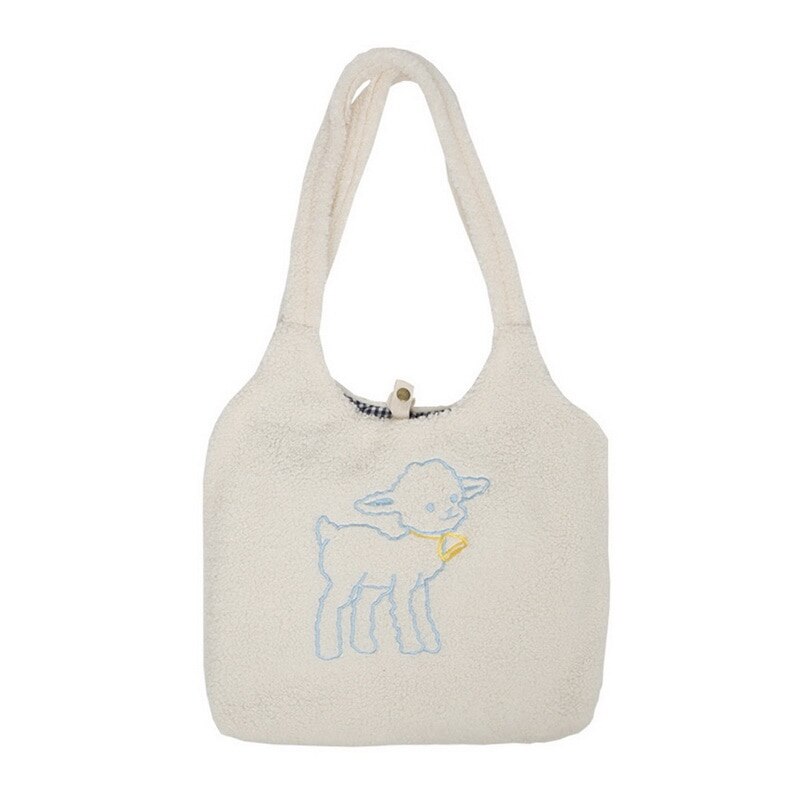 Vrouwen Kawaii Lam Stof Schoudertas Handtas Tote Grote Capaciteit Borduurwerk Shopper Tassen Leuke Tas Voor Meisjes Nieuw: White-A
