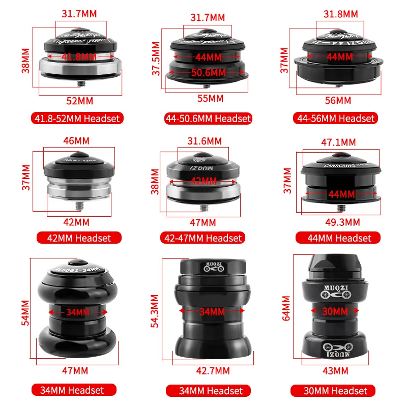 Serie sterzo per bicicletta 30 34 42 44 41.8-52 42-47 44-56 44-50.6mm Serie sterzo MTB 1 1/8 1 1/2 Tubo conico Auricolare a tubo dritto integrato