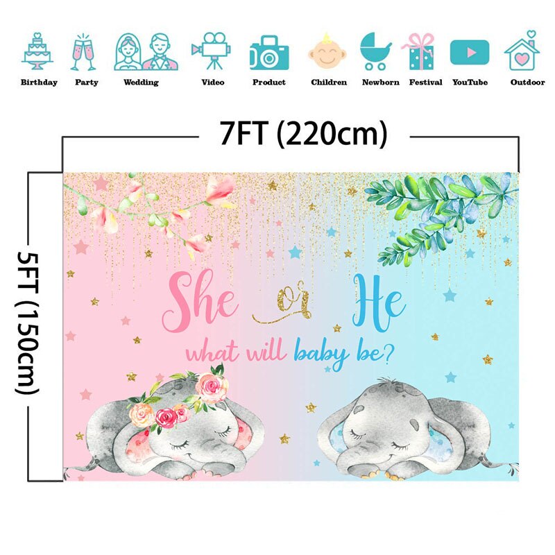 Geslacht Onthullen Achtergrond Voor Slapen Olifant Baby Douche Fotografie Achtergrond Glitter Gouden Kwastje Decoratie Banner Poster