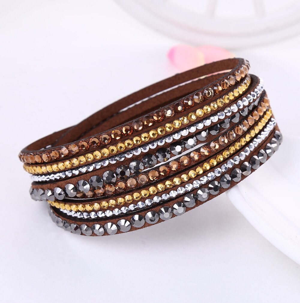 Stijl Lederen Armband Strass Kristal Armband Multilayer Hologram Armbanden Voor Vrouwen Sieraden