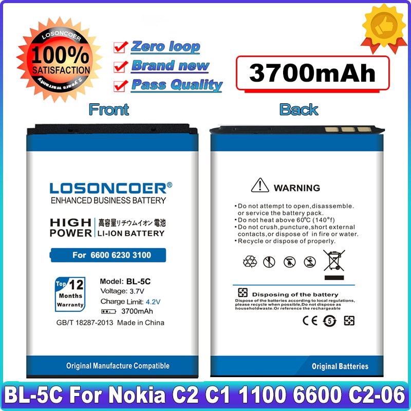 3700Mah BL-5C Batterij Voor Nokia C2-01 C2-02 C2-03 C2-06 X2-01 5130 Xpressmusic 6230i 1100 1108 1112 1116 1200 6230 batterijen