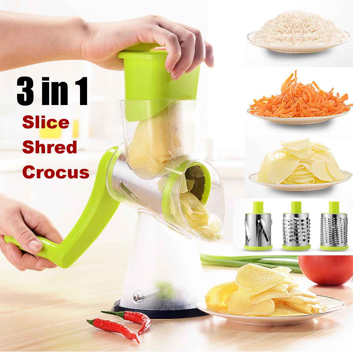 3 In 1 Multifunctionele Groenten Cutter Handmatige Snijmachine Roller Snijden Groente Aardappel Slicer Versnipperd Handheld Keuken Gereedschap