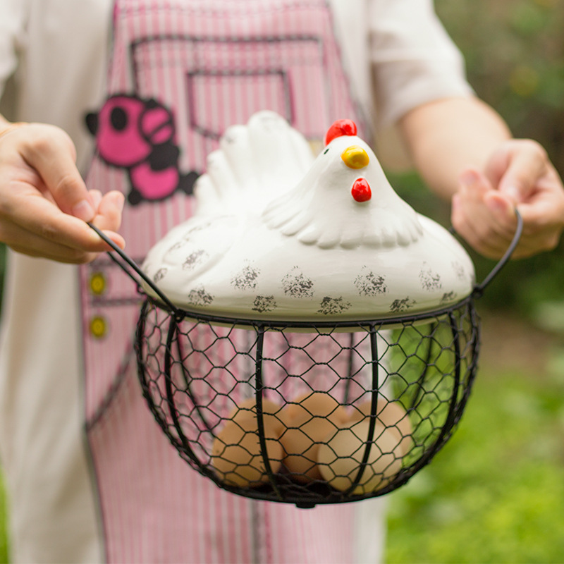 Cesta de cerámica con soporte para huevos, cesta de cerámica para colección de huevos, pollo, alambre y fruta, decoración de cocina, almacenamiento, 19cm x 22cm