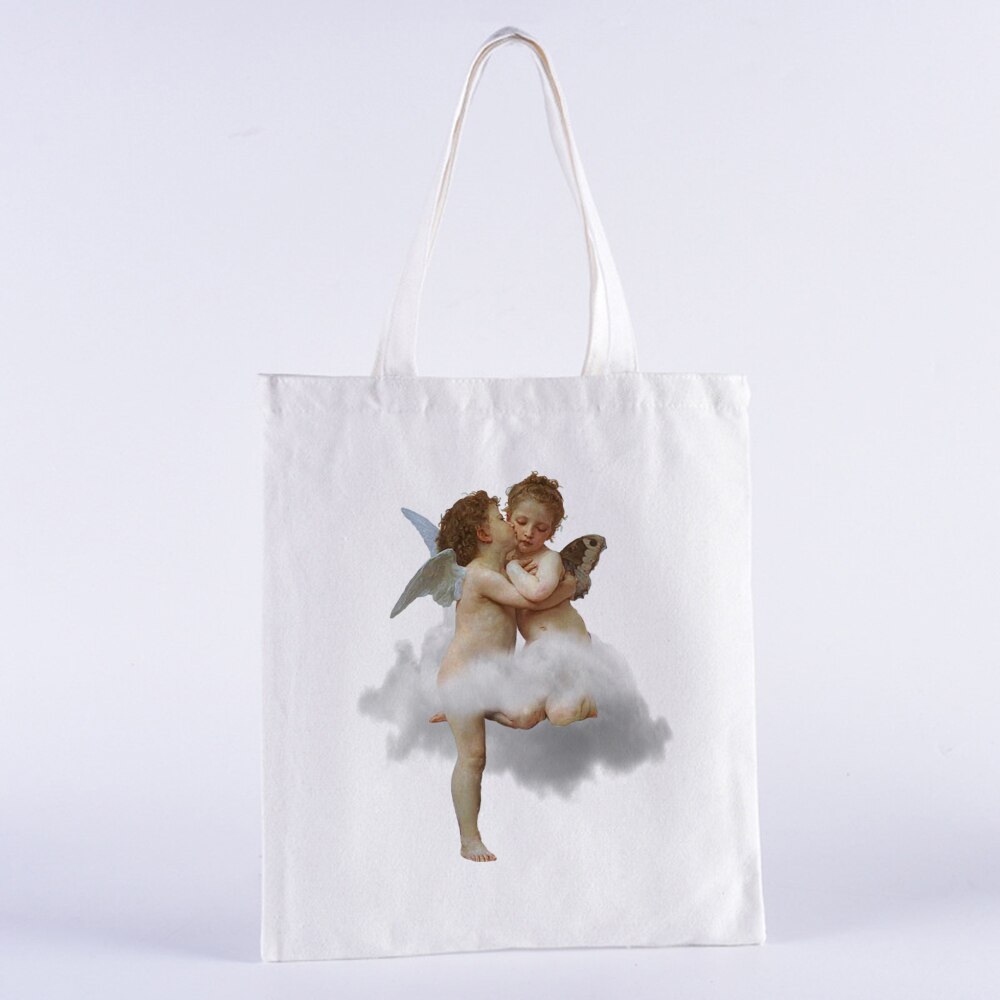 YOU CAN'T SIT WITH US Vintage Harajuku Angel Female College Canvas Shoulder Bag Casual Large Capacity White Totes: B0103-TBWH-M