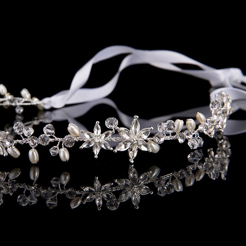 Clear Crystal Wedding Tiara Headband Beaded Flower Prom Bridal Hair Band Gold Leaf Pearl Bride Headpiece For Women Hair Jewelry