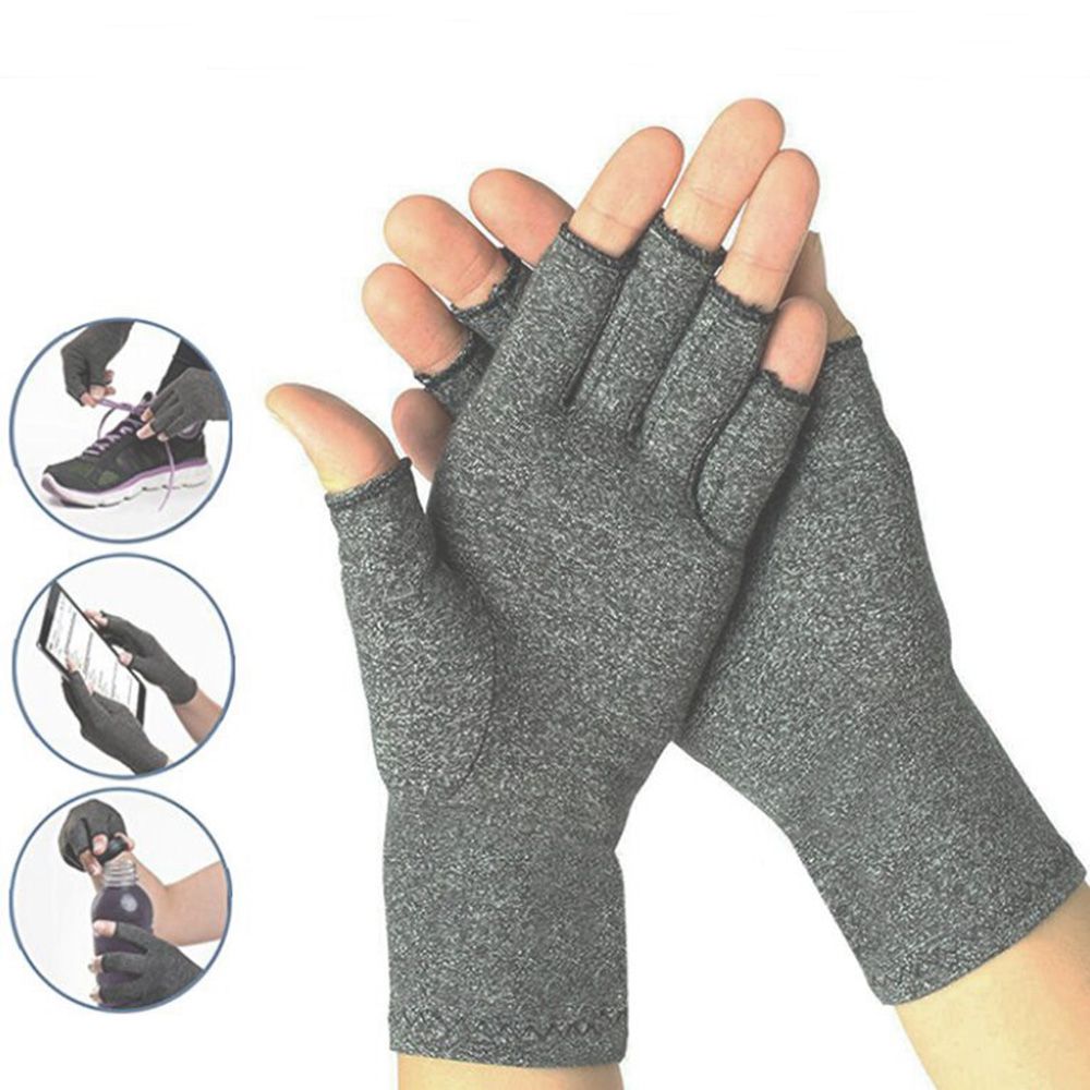 1 par kompressionshandskar i bomull, halvfinger, grå, damer och män, elastiska handskar för ledtryckslindring, hälsovård, armband