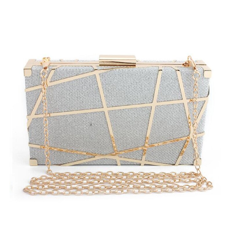 Mode Geometrische Hollow Out Patroon Vrouwen Avond Clutch Bag Vrouwelijke Metalen Ketting Handtas Dag Koppelingen Wedding Party Purse ZD1151: Silver