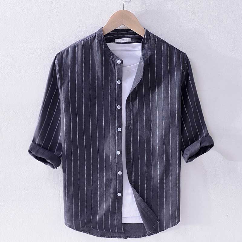Camisa de lino Casual de manga 3/4 de rayas clásicas Retro para hombre, camisa de adelgazamiento, blusas de cuello mandarín, ropa masculina de estilo coreano: Azul marino / M