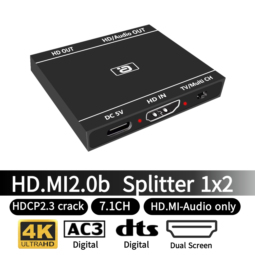 Hdmi 2.0b 1 x 2 splitter 4k @ 60hz uhd 1 in 2 ud kun hd lydudtrækker hdcp crack 7.1ch dolby atmos til ps tv-boks
