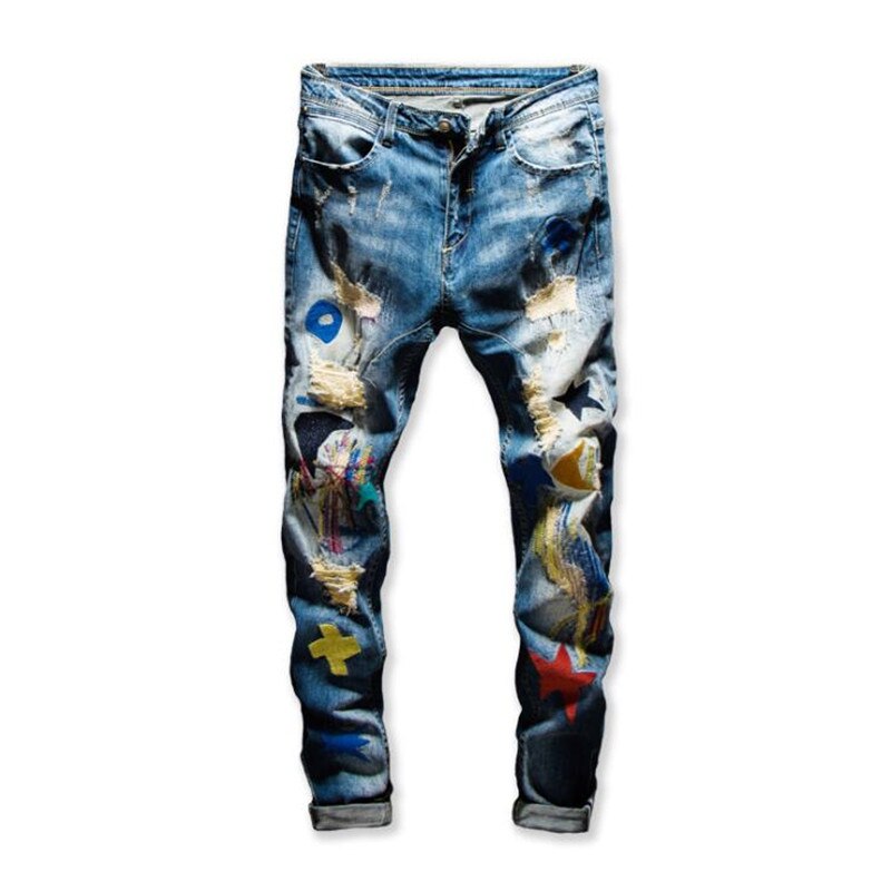 Mænds farvet patchwork flået jeans trendy patch broderi stretch denim bukser slanke lige bukser: 29