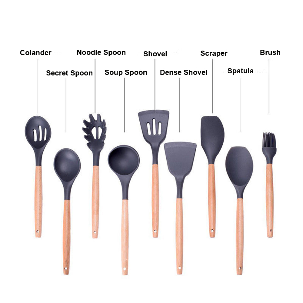 Multiple Style Wooden Handle Silicone Spatula Soup Spoon Fork Colander Shovel Cooking Utensils Kitchen Tool Suit Exquisite