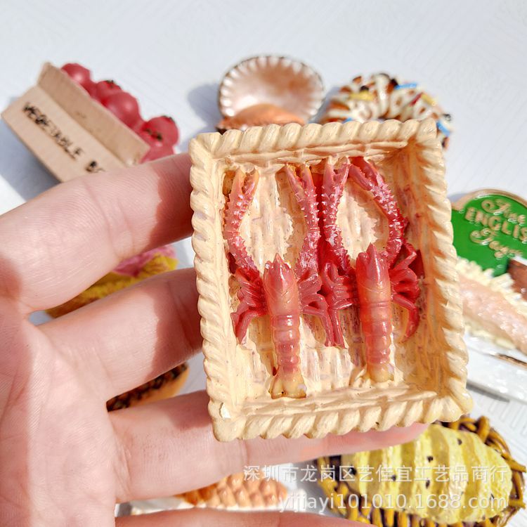 Fridge Magnets French Bread Basket Egg Milk Breakfast Tomato Seafood Imitation Food Series 3D Resin Refrigerator Stickers Decor