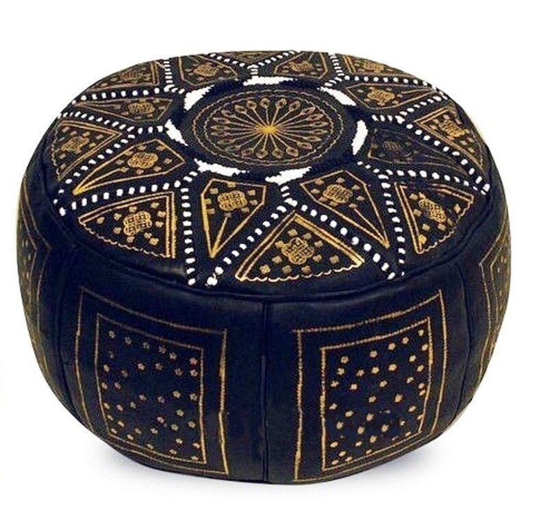 Puf Pouf Hecho a Mano en fès, Marrakech Cuero autentico SIN relleno: Black