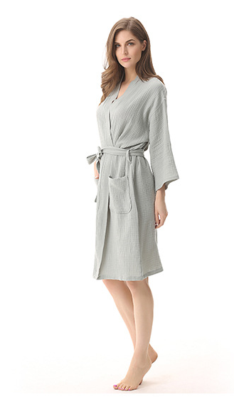 Effen kleur dunne badjas katoen dubbellaags gewassen gaas heren en dames Yukata kimono stijl dames nachtjapon: M / Beige