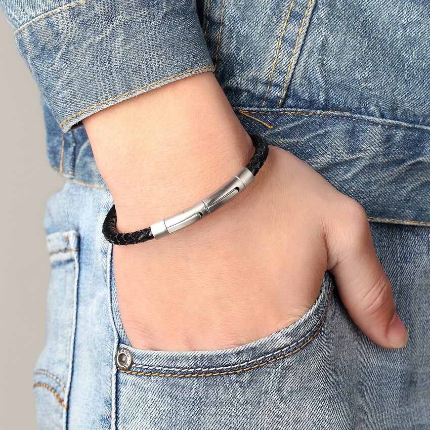 XQNI-pulsera de cuero genuino para hombre y mujer, brazalete de cuero con imán, pulsera de cuerda de acero inoxidable