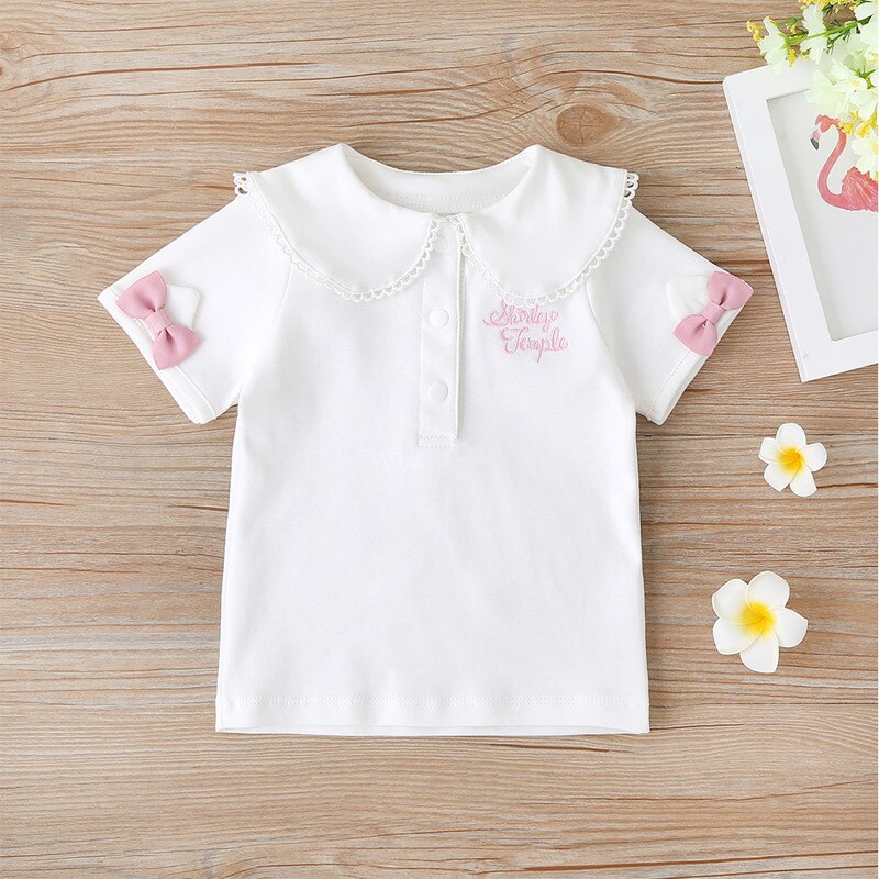 Girl Summer Cotton Short-sleeved T-shirt Korean Children's Clothing Solid Color Bow Shirt Baby Tees Female