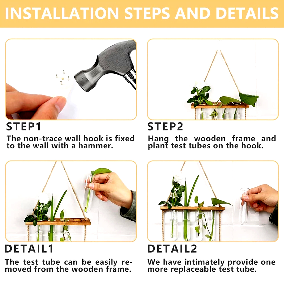 Ins – jardinière murale en verre, Terrarium, Vase avec support de Tube à essai en bois pour la Propagation de plantes hydroponiques