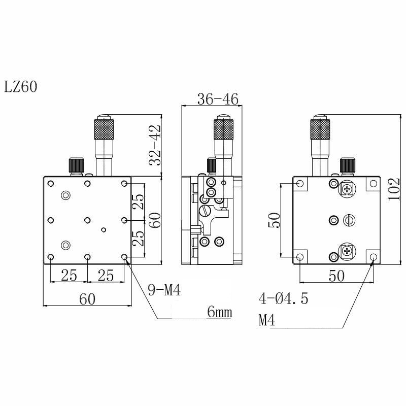 Z-akseli 60 x 60mm optinen siirtotaso erittäin tarkka mikrometrin korkeussäädettävä liukutaso liukupöytä  lz60