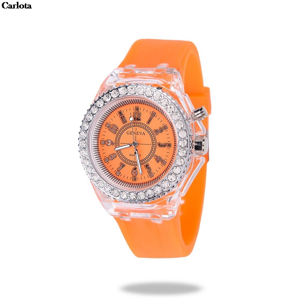 Farverige rhinestone ledede lysende glødende sport ure kvinder kvarts ur damer slik silikone armbåndsure gelé natlys: Orange
