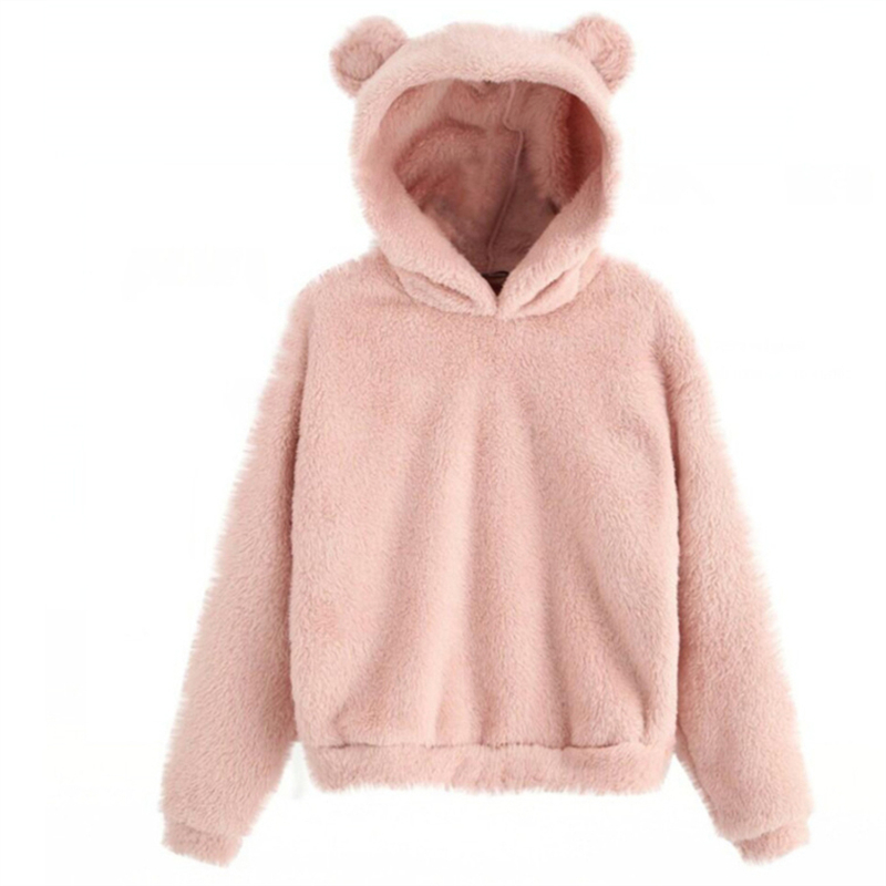 Hiver coréenne oreilles d'ours mignon sweat à capuche ample moelleux à capuche sweat à manches longues haut solide pull vêtements pour les femmes: XXL / Rose