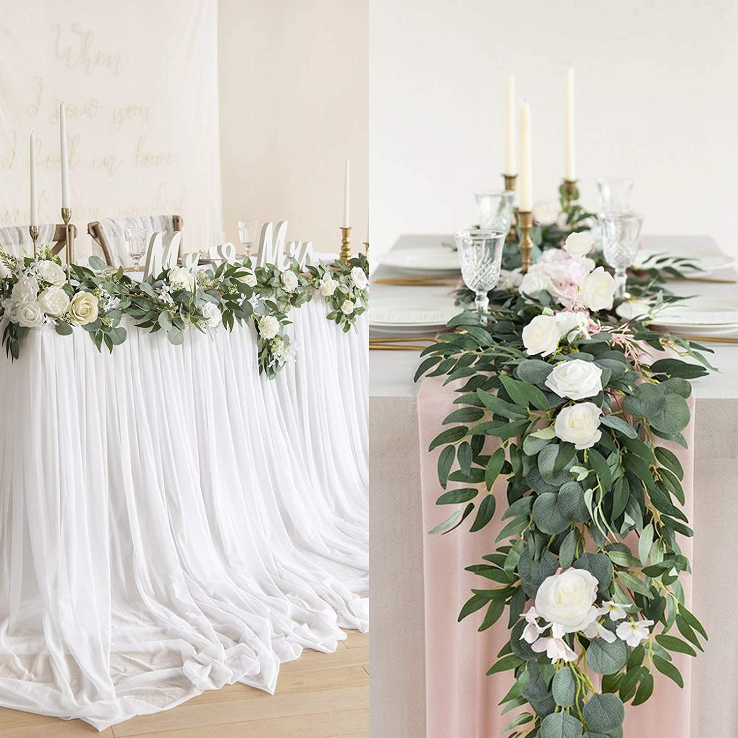 1pcs Artificial Eucalyptus Garland with Flowers, Greenery Garland White Rose Garland Eucalyptus Vines,White Flower Garland