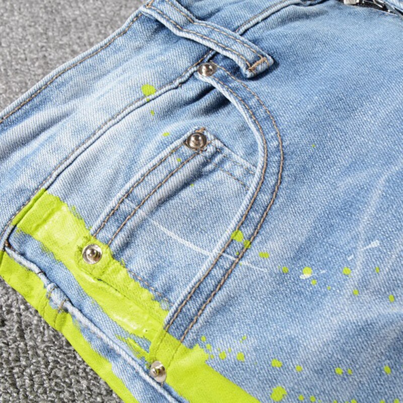 Mænds neon gule farve linjer patchwork ripped jeans huller ødelagt denim stretch bukser slim fit man jeans 28-40