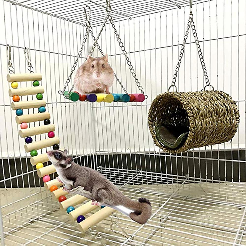 3 Pcs Winter Hamster Houten Speelgoed Kleurrijke Warme Kauwen Speelgoed Voor Knaagdieren Houten Ladder & Swing & Hangmat Natuurlijke & veilig Materiaal
