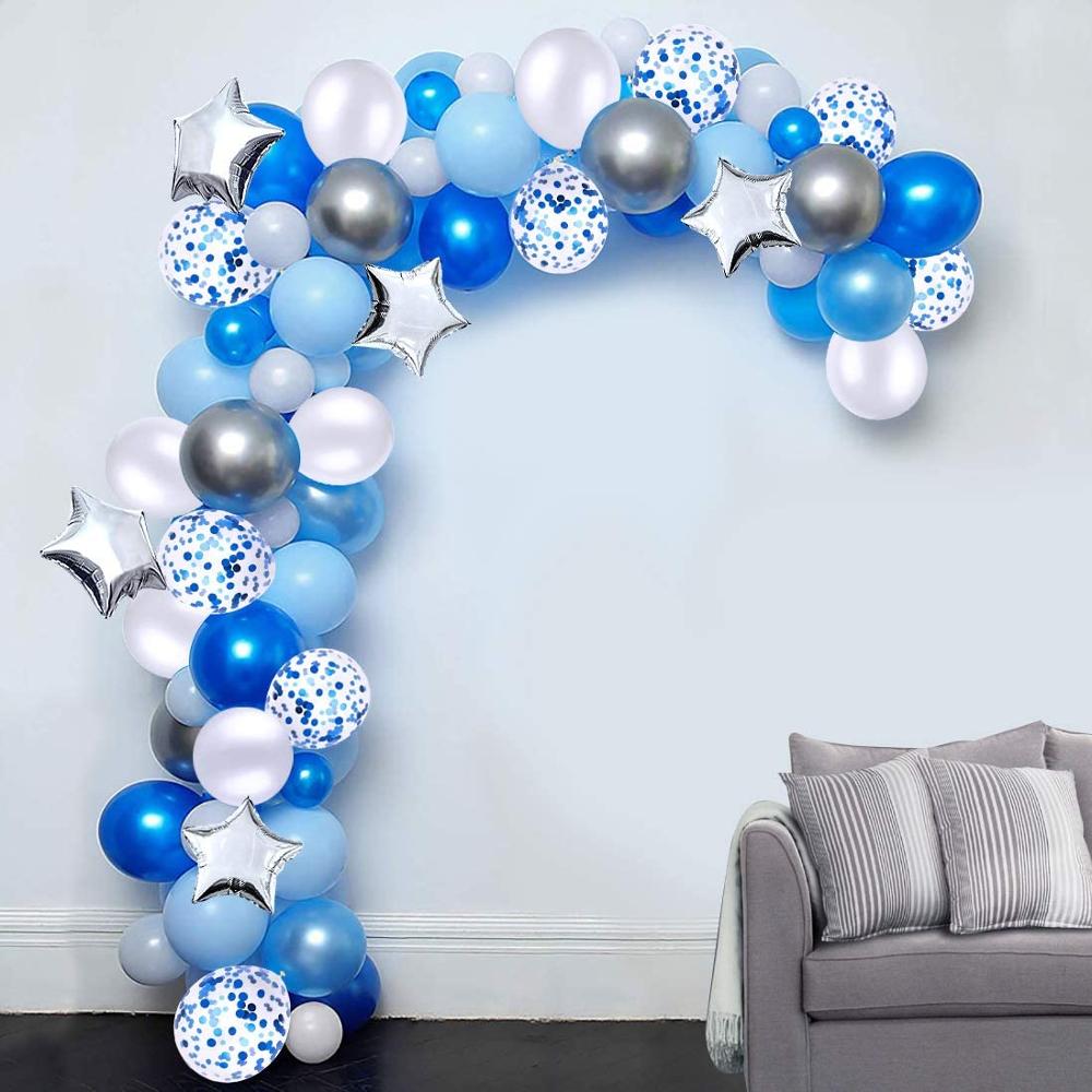 Decoración de de cumpleaños cartel de feliz cumpleaños azul, globo, cortina de flecos, mantel de aluminio, confeti de estrellas, globos con 10