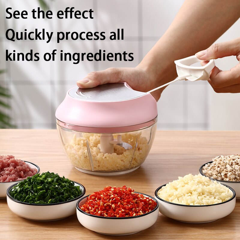 Mini Pink Food Processor 500 Ml Manual 3 Stainless Steel Blade Kitchen Meat Grinder Home
