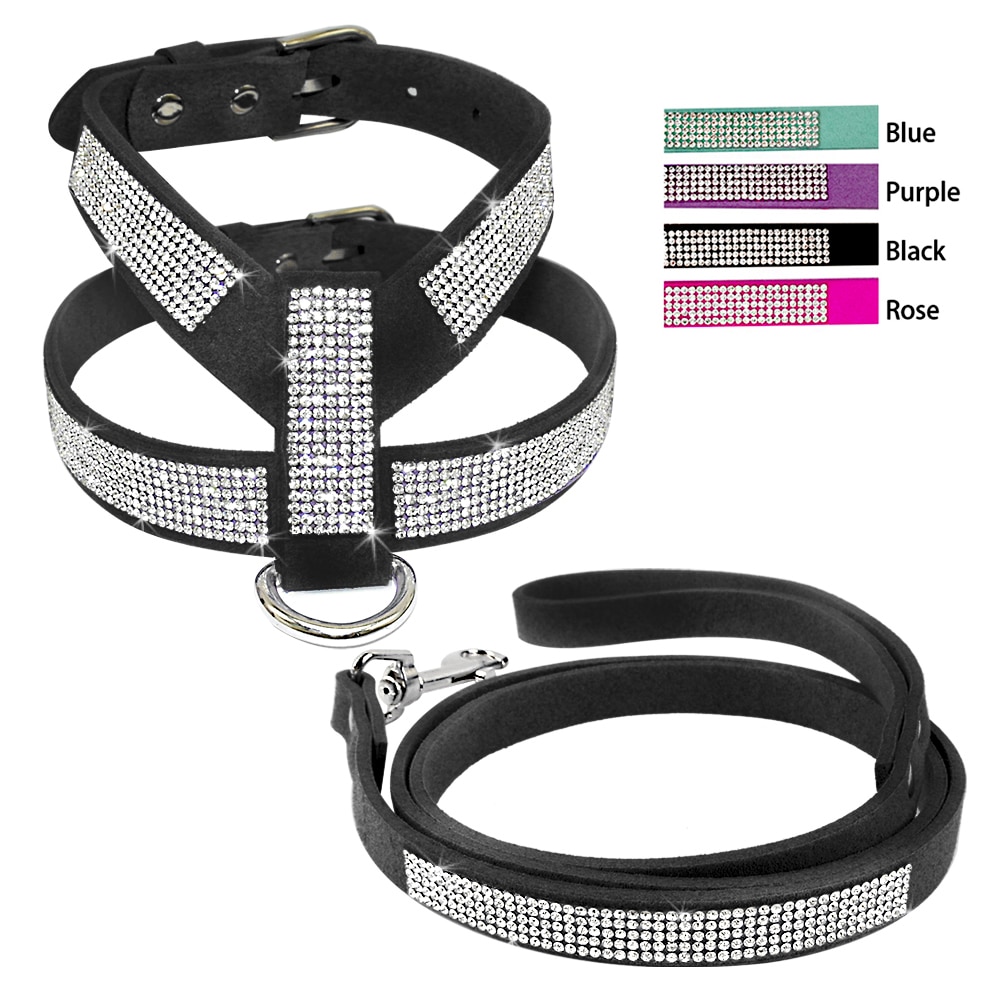 Suede Rhinestone Dog Harness en Leash Set Zachte Diamante Pet harnas en Lood Stap In Voor Kleine Middelgrote Honden Chihuahua Yorkshire