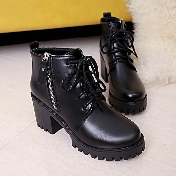 Hoge Hakken Dikke Zolen College Stijl Vrouwen Enkelspel Schoenen Ronde Neus Dik Met Effen kleur Lace-Up Vrouwen Schoenen