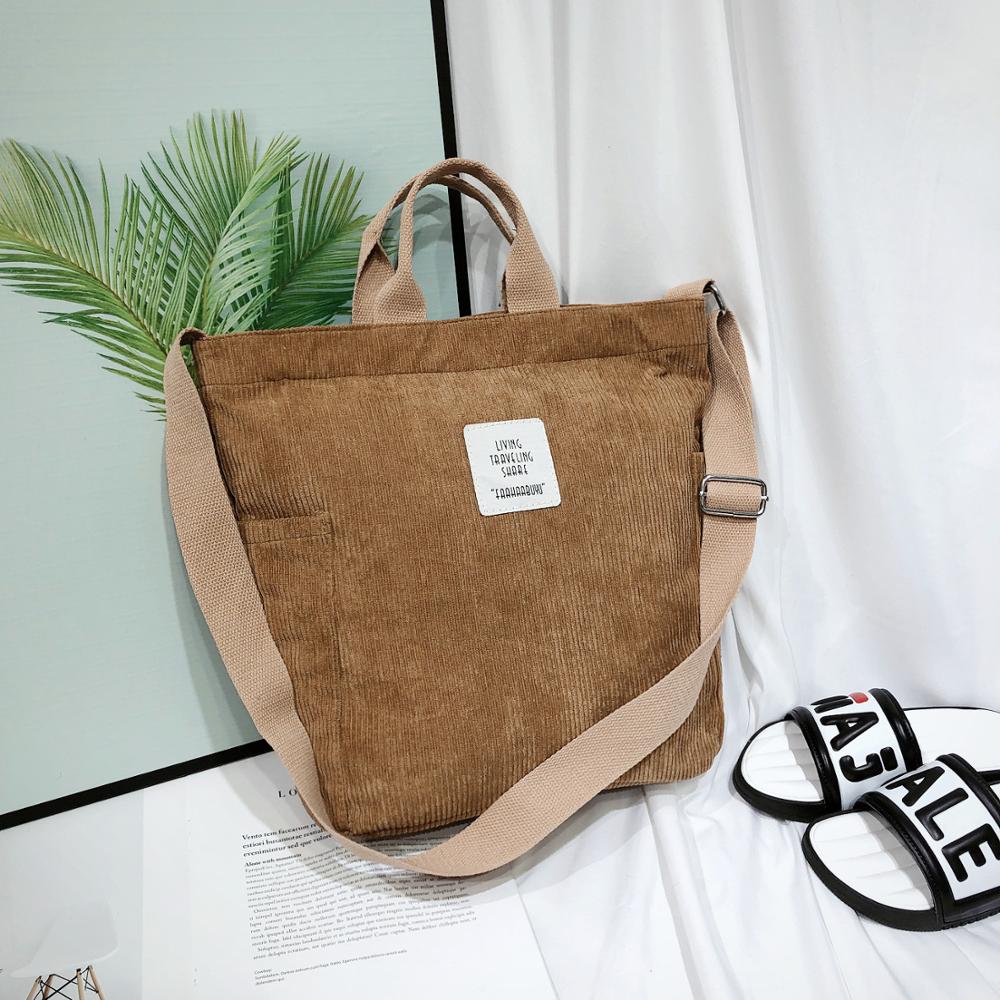 Women Corduroy Shoulder Bags Soft Cloth Handbag Tote Female Crossbody Messenger Bags Ladies Canvas Zipper Purses Shopping Bag: Brown