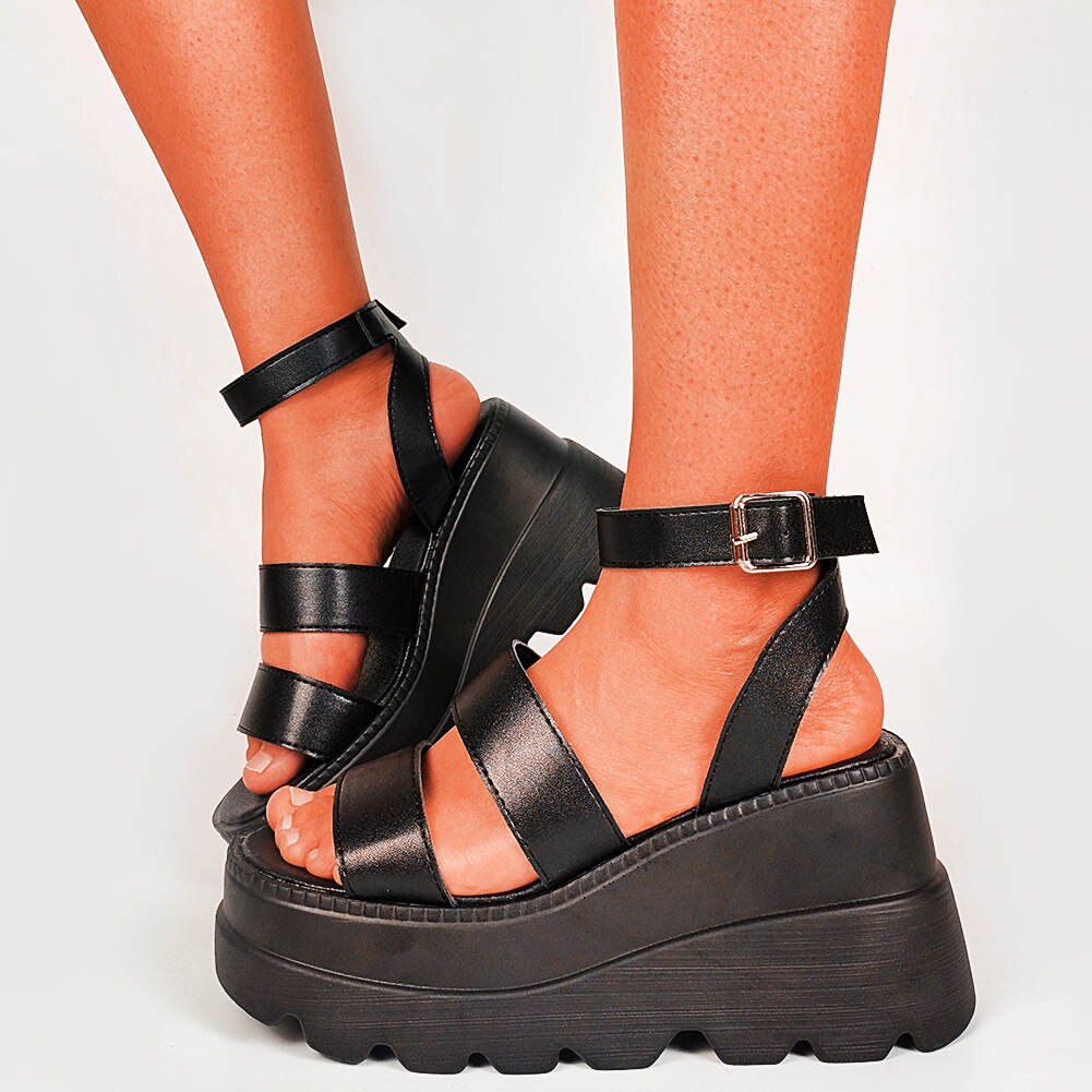 Large Size 43 Female Punk Black Gothic Wedges Sandals Platform Buckle Strap Street Summer Sandals Women Chunk Shoes Woman: Black / 5
