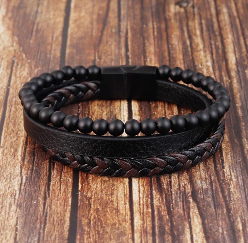 Pulsera de cuero con cuentas multicapa para hombre, brazalete de cuero, , hecho a mano, clásico, de negocios, informal