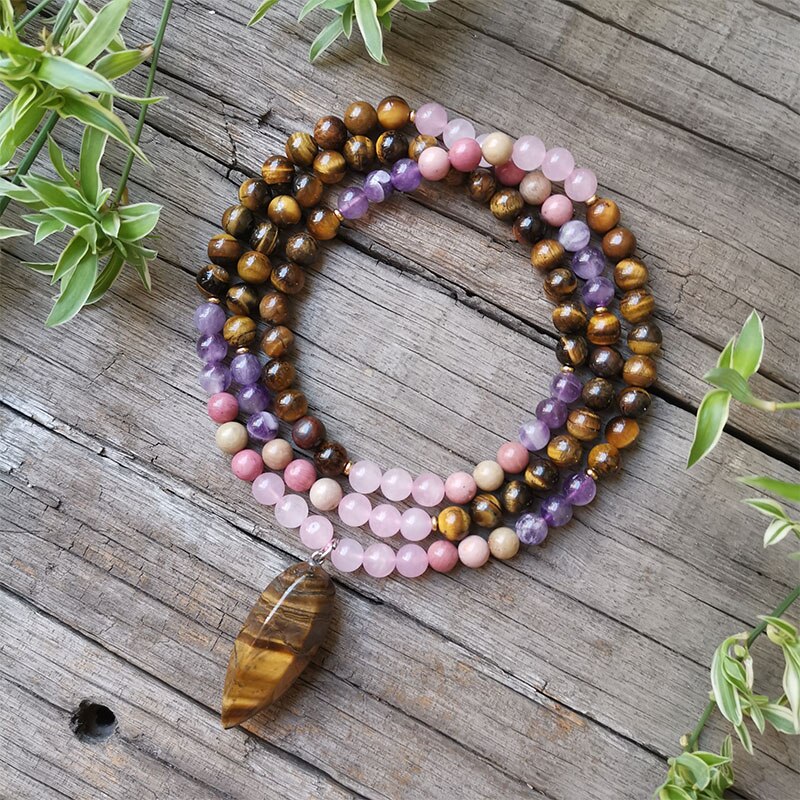 8mm Natural Stone Beads,Tigers Eye Pendant Necklace,Amethyst,Charming Bracelet,Spiritual Power Jewelry,108 Mala Beads