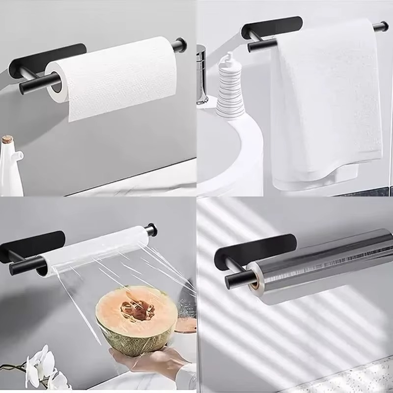 Paper Towel Holder Under Cabinet Wall Mount Stainless Steel Black Kitchen Paper Towel Rack Bathroom Self Adhesive No Drilling