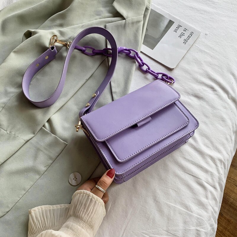 Summer Female Shoulder Handbag Chain Mini PU Leather Flap Bags for Women Solid Color Ladies' Travel Crossbody Bag: PURPLE