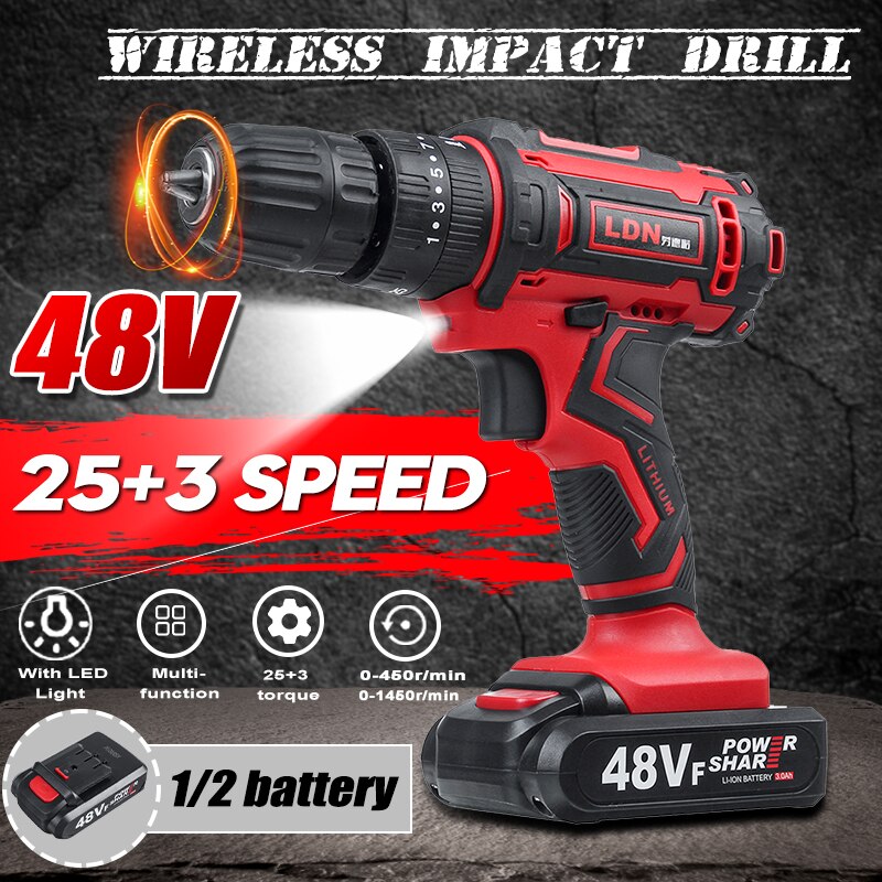 Cordless Electric Impact Drill Screwdriver 25+3 Torque 48V Rechargeable Dual Speed Power Tools With 2 Battery
