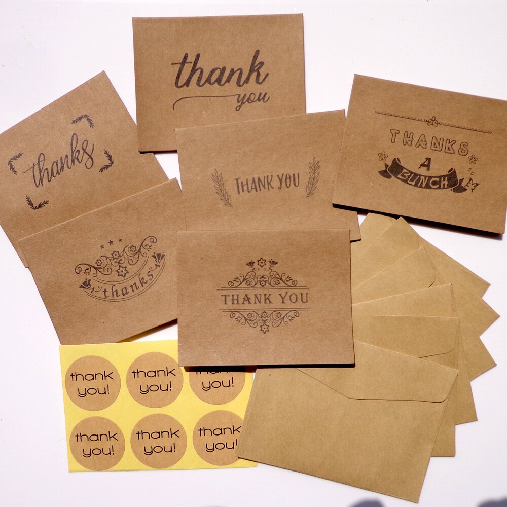 6sets Kraft Thank You Cards with Paper Envelopes Seal Stickers Set Wedding Party Kraft Greeting Message Cards Envelopes Set