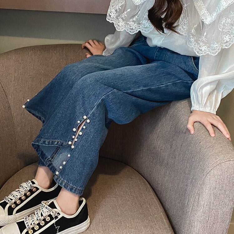 Pearls Jeans for Girls Spring Boot Cut Pants Solid Kids Clothing Teenager Girls Wide Leg Jeans For Girls 4 6 8 9 12 14 Years
