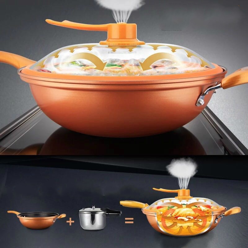 32 Cm Ijzeren Pot Huishouden Keuken Inductie Fornuis Universele Pan Vacuüm Wok Non Stick Geen Olie Rook Met Cover